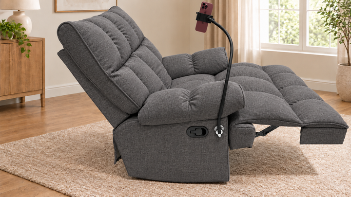 Victoria Plush Recliner Chair - Mello 10 - Grey - living room with phone holder and illustrative iPhone