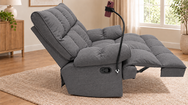 Victoria Plush Recliner Chair - Mora 14 - Grey - living room with phone holder and illustrative iPhone