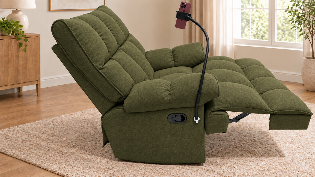 Victoria Plush Recliner Chair - Mora 77 - Olive Green - living room with phone holder and illustrative iPhone