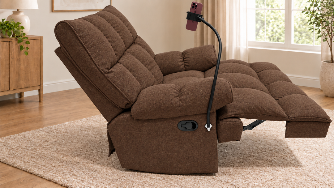 Victoria Plush Recliner Chair - Mora 38 - Warm Brown - living room with phone holder and illustrative iPhone