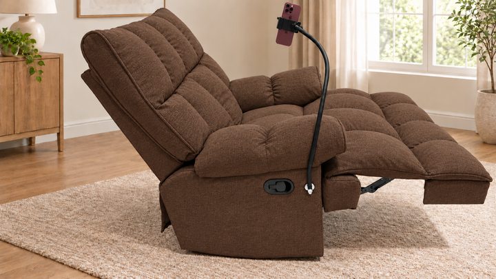 Victoria Plush Recliner Chair - Mora 38 - Warm Brown - living room with phone holder and illustrative iPhone