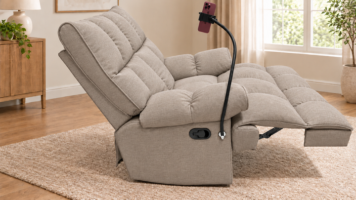 Victoria Plush Recliner Chair - Mora 24 - Light Greige - living room with phone holder and illustrative iPhone