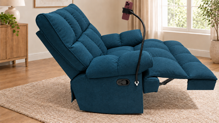 Victoria Plush Recliner Chair - Mora 89 - Teal Blue - living room with phone holder and illustrative iPhone