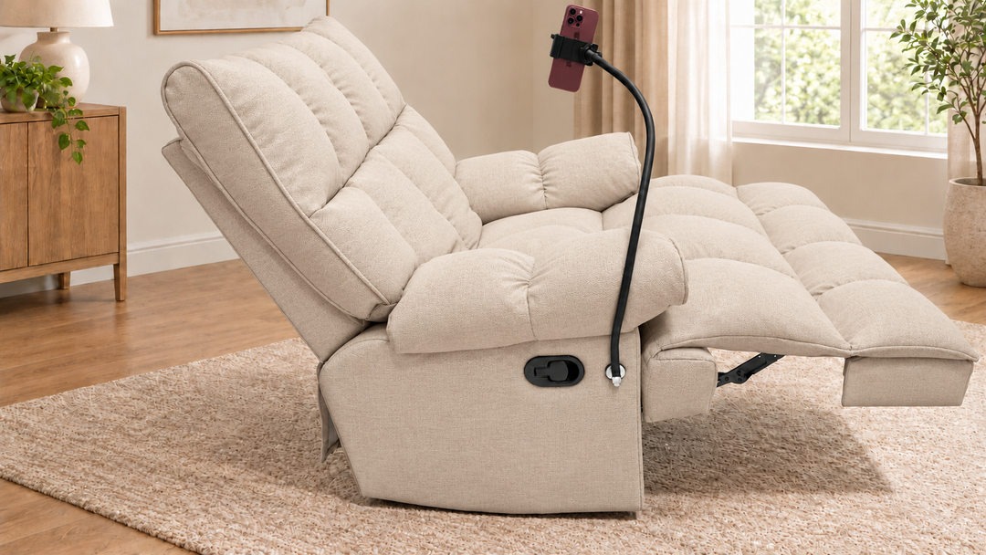 Victoria Plush Recliner Chair - Monelli 23 - warm ivory - living room with phone holder and illustrative iPhone