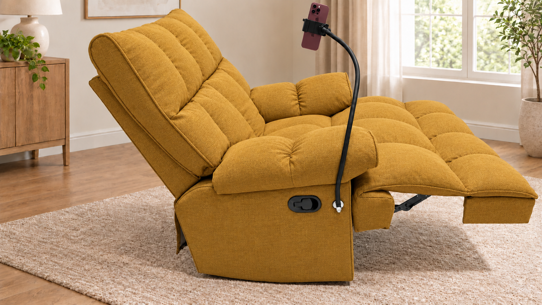 Victoria Plush Recliner Chair - Mora 68 - Mustard Gold - living room with phone holder and illustrative iPhone