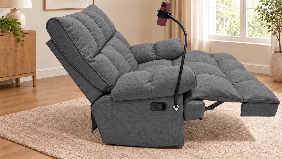 Victoria Plush Recliner Chair - Lins 12 - Grey - living room with phone holder and illustrative iPhone