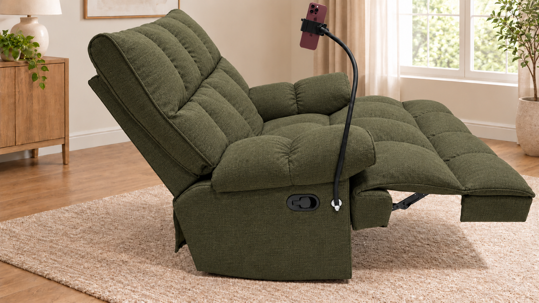Victoria Plush Recliner Chair - Lins 74 - Olive - living room with phone holder and illustrative iPhone