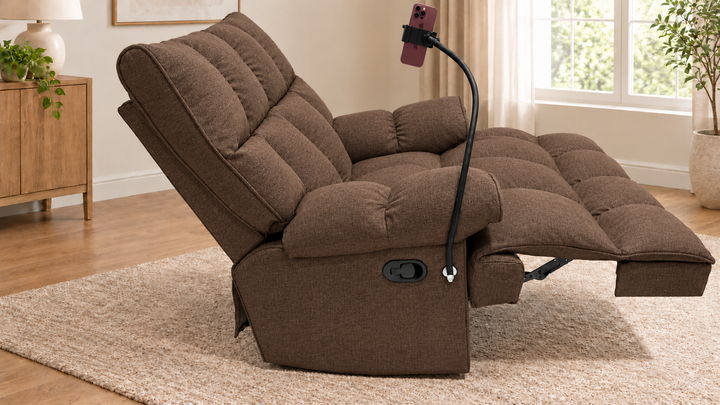 Victoria Plush Recliner Chair - Lins 38 - Earth Brown - living room with phone holder and illustrative iPhone