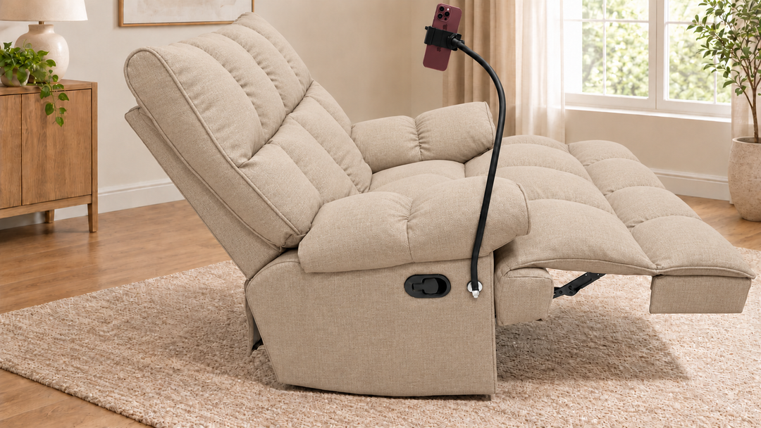 Victoria Plush Recliner Chair - Lins 25 - Natural Beige - living room with phone holder and illustrative iPhone
