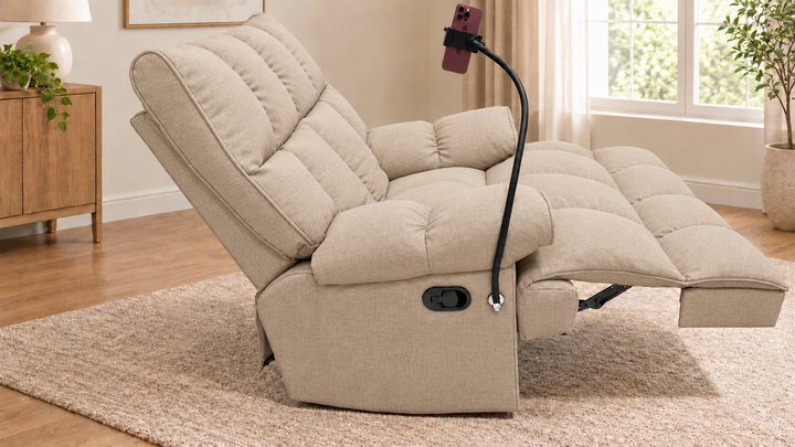 Victoria Plush Recliner Chair - Lins 25 - Natural Beige - living room with phone holder and illustrative iPhone