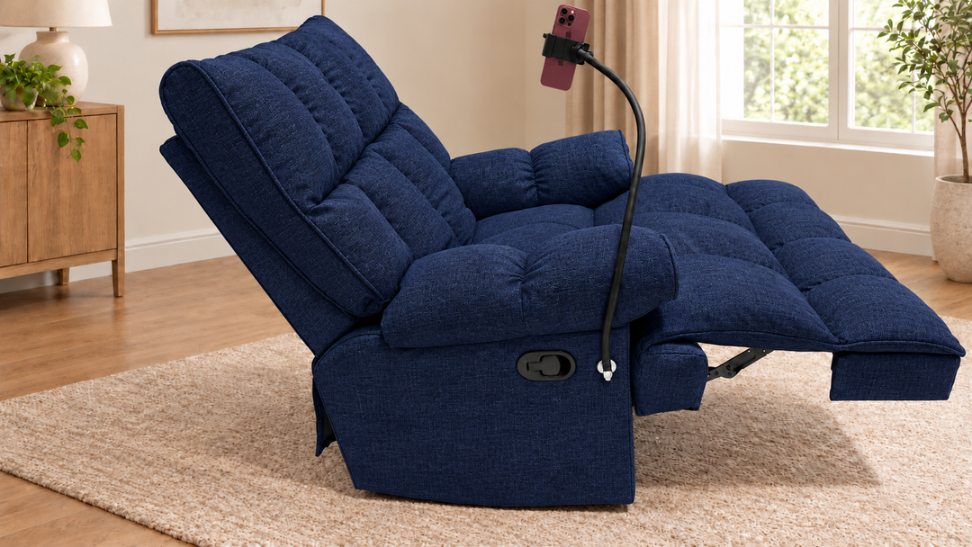 Victoria Plush Recliner Chair - Lins 88 - Indigo Navy - living room with phone holder and illustrative iPhone