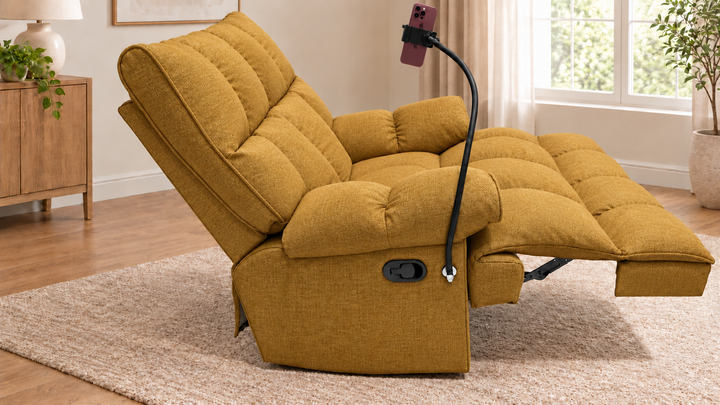 Victoria Plush Recliner Chair - Lins 68 - Mustard Gold - living room with phone holder and illustrative iPhone
