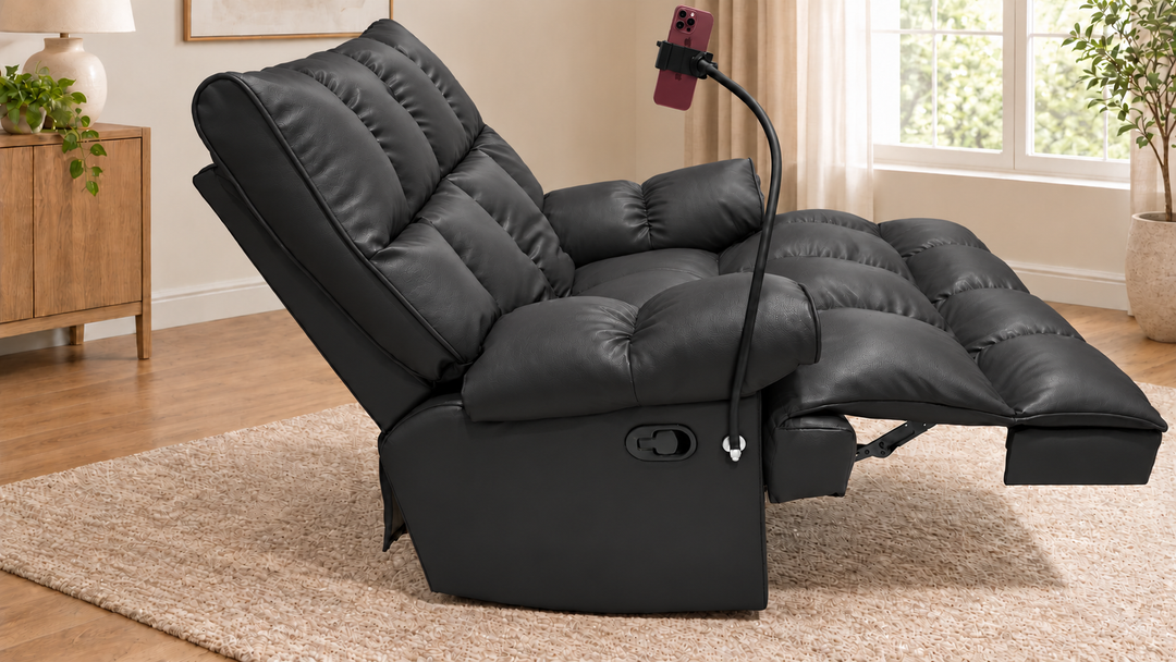 Victoria Plush Recliner Chair - Vegan Leather 01 - Charcoal Black - living room with phone holder and illustrative iPhone