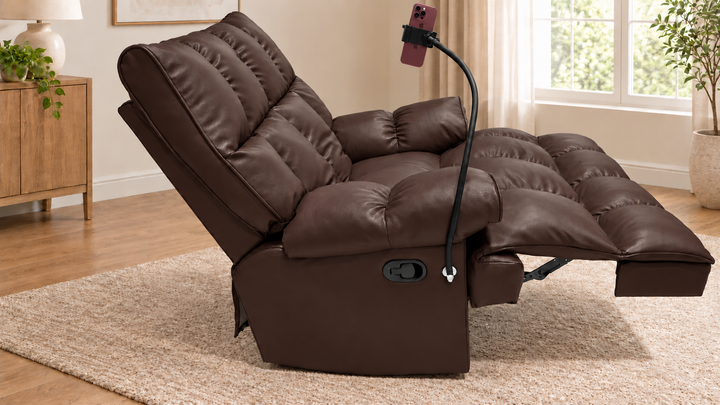 Victoria Plush Recliner Chair - Vegan Leather 02 - Espresso Brown - living room with phone holder and illustrative iPhone