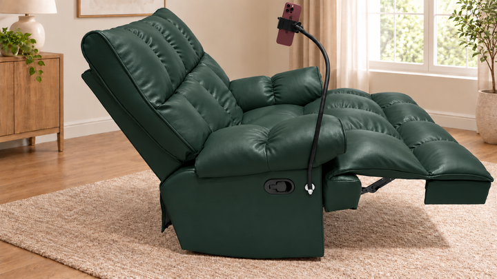 Victoria Plush Recliner Chair - Vegan Leather 03 - Deep Forest - living room with phone holder and illustrative iPhone