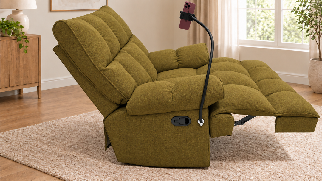 Victoria Plush Recliner Chair - Monelli 65 - Mustard Olive - living room with phone holder and illustrative iPhone