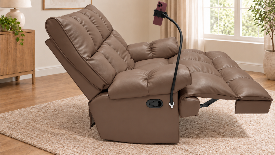 Victoria Plush Recliner Chair - Vegan Leather 05 - Taupe Brown - living room with phone holder and illustrative iPhone