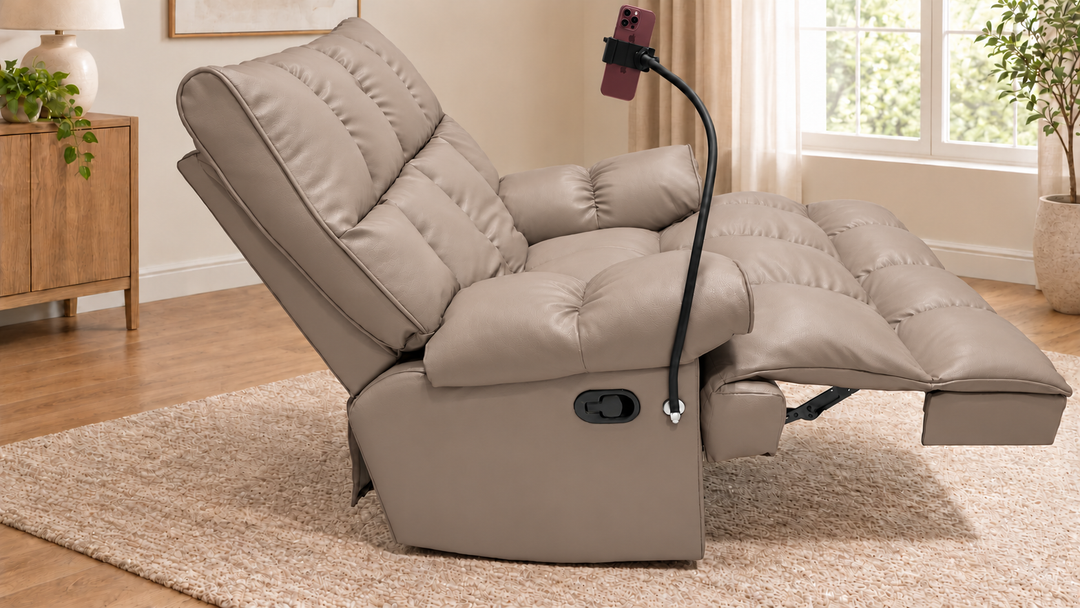 Victoria Plush Recliner Chair - Vegan Leather 06 - Light Mushroom - living room with phone holder and illustrative iPhone