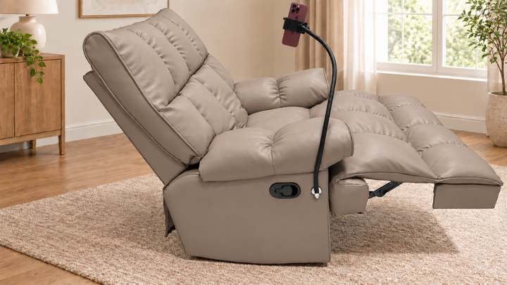 Victoria Plush Recliner Chair - Vegan Leather 06 - Light Mushroom - living room with phone holder and illustrative iPhone