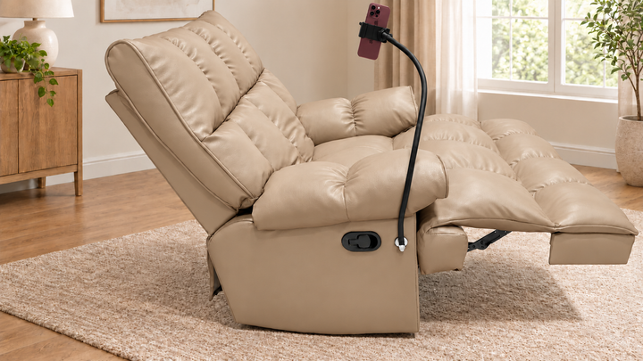 Victoria Plush Recliner Chair - Vegan Leather 07 - Warm Beige - living room with phone holder and illustrative iPhone
