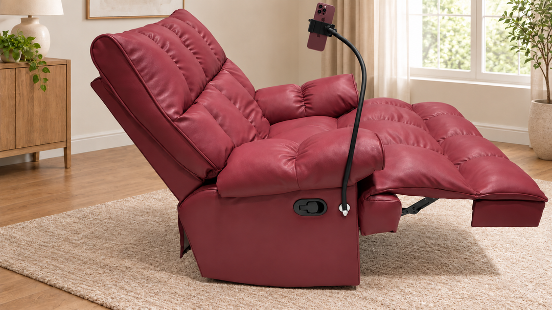 Victoria Plush Recliner Chair - Vegan Leather 04 - Burgundy - living room with phone holder and illustrative iPhone