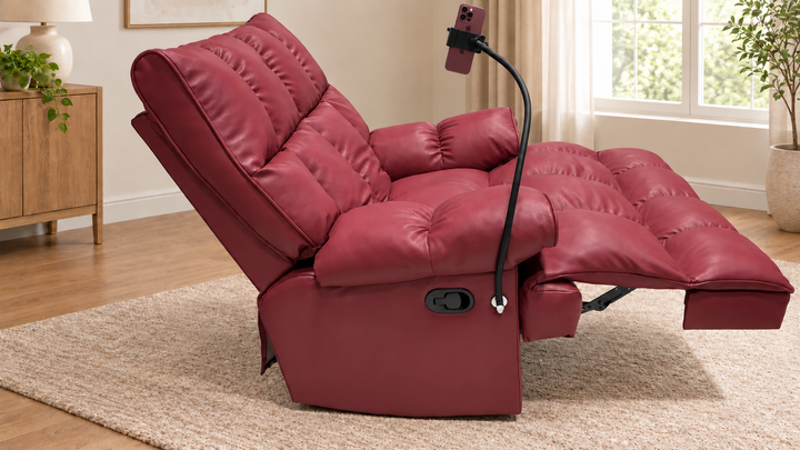 Victoria Plush Recliner Chair - Vegan Leather 04 - Burgundy - living room with phone holder and illustrative iPhone
