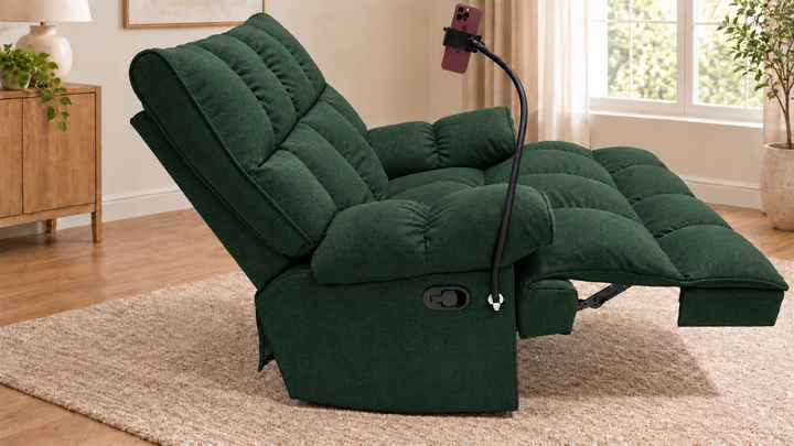 Victoria Plush Recliner Chair - Monelli - 79 Forest  Green - living room with phone holder and illustrative iPhone