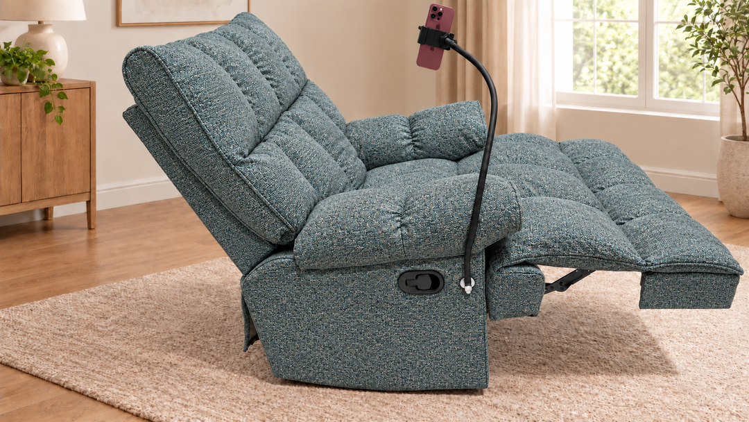 Victoria Plush Recliner Chair - Puro 83 Puro 83 - living room with phone holder and illustrative iPhone