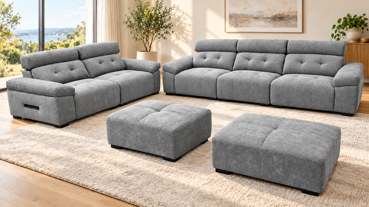 William 3-seater and 2-seater sofa set with two ottomans in a living room — grey showroom upholstery