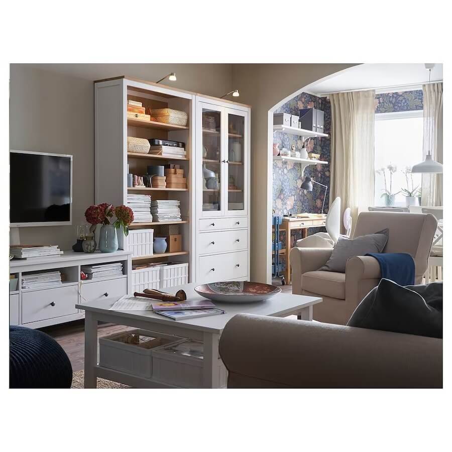 IKEA HEMNES Glass-Door Cabinet with 3 Drawers, White Stain, Light Brown