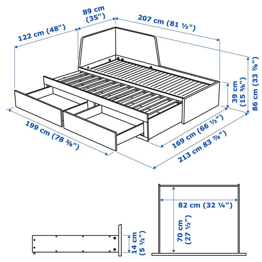 Ikea FLEKKE day-bed w 2 drawers 2 mattresses black-brown Vannareid extra firm
