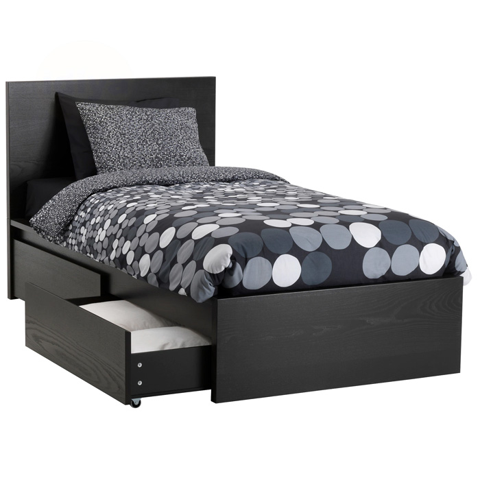 IKEA Malm bed frame, high, w 2 storage boxes, black-brown, luroy 120 x 200 cm
