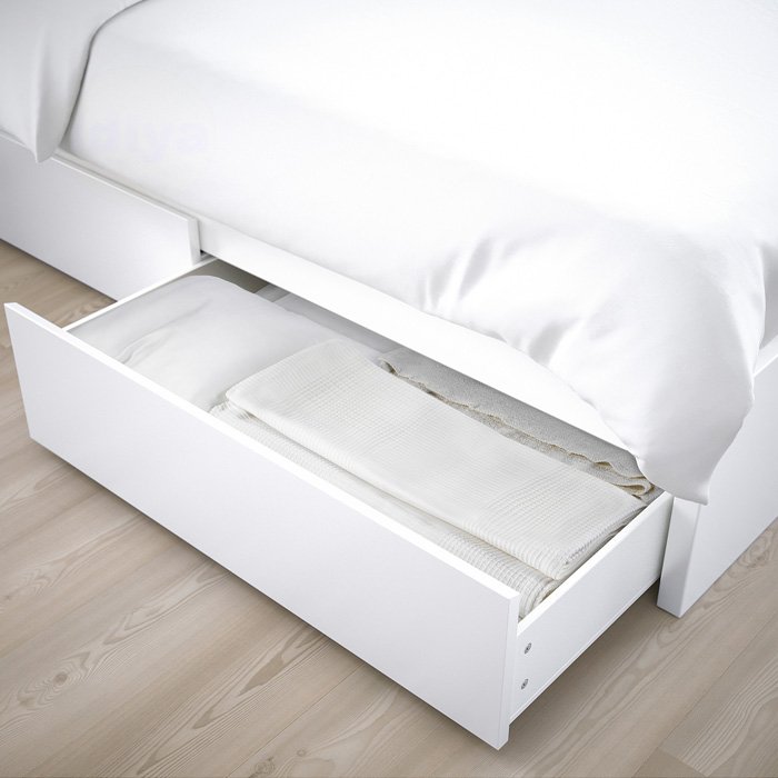 IKEA Malm bed frame, high, w 2 storage boxes, white, luroy 90 x 200 cm