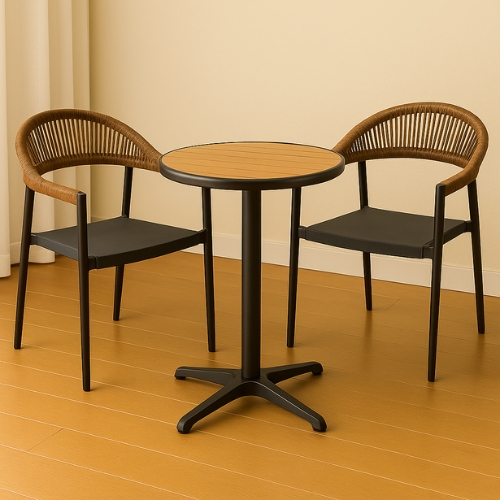 REDCLIFFE 
SET OF 2 CHAIR & 1 TABLE, black frame,  brown rope , gray seating