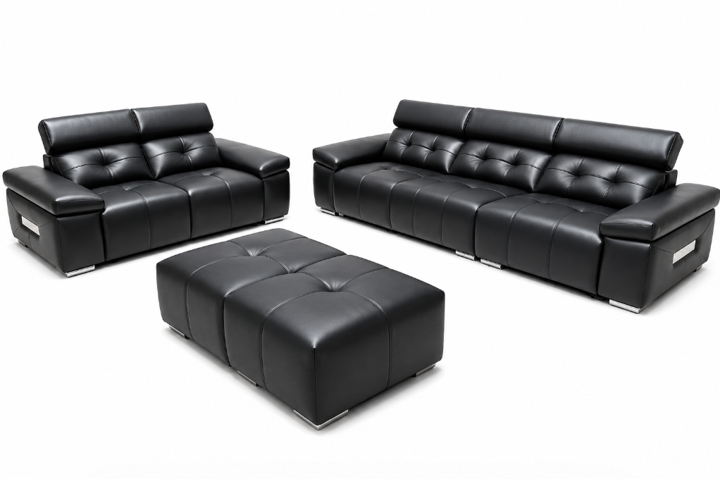Gangatarayam PU Leather Sofa Combo(3 seater+2 seater+2 stools) Matte Black