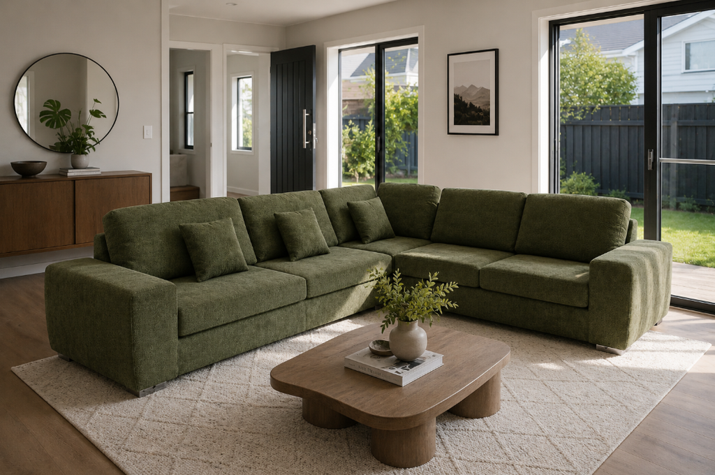 Riokalo fabric L shape sofa+ stool, Olive Green