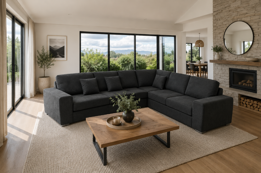 Mahamanlo fabric L shape sofa+ stool, Dark Grey