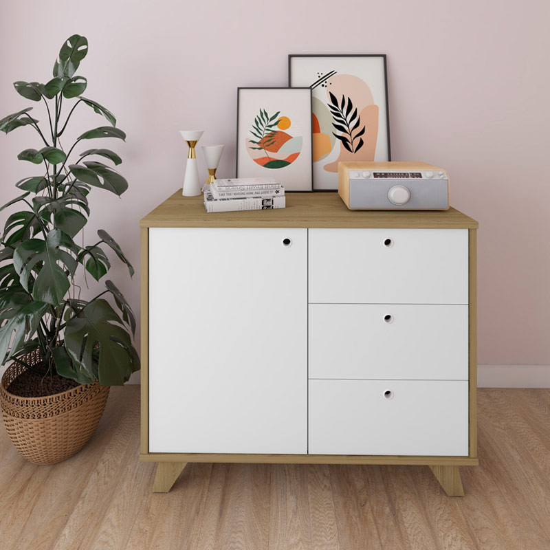 Luziania Modern Oak & White Storage Cabinet with Drawers