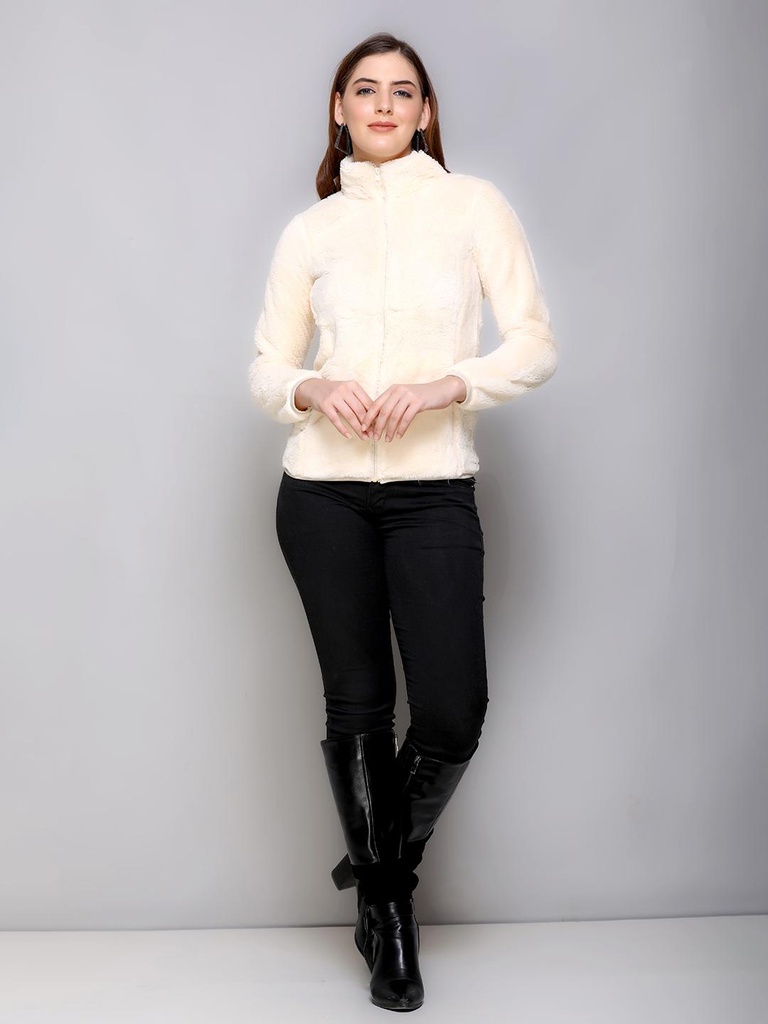 Ladies Collar Style Fancy Zipper Sweatshirt - 9085SS-9085SS-CREAM-L