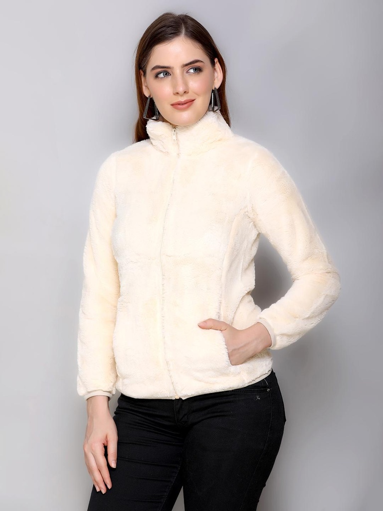 Ladies Collar Style Fancy Zipper Sweatshirt - 9085SS-9085SS-CREAM-L