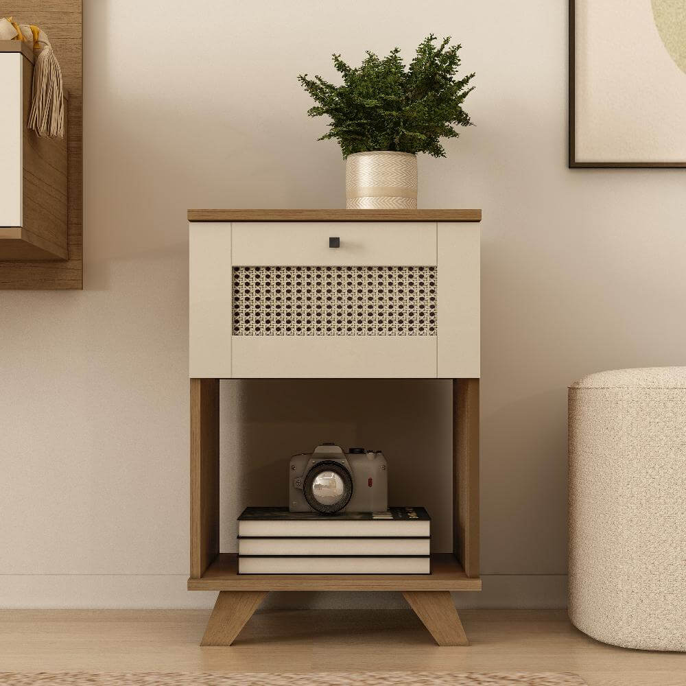Santa Rita Bedside Table Rattan Style Side Table with Drawer & Shelf