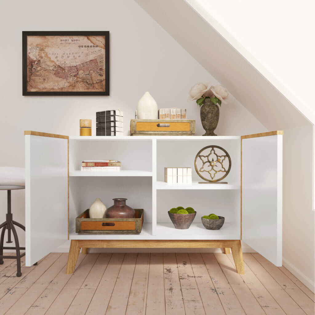 Michigan Sideboard Cabinet, White/oak, Ample storage? Solved!