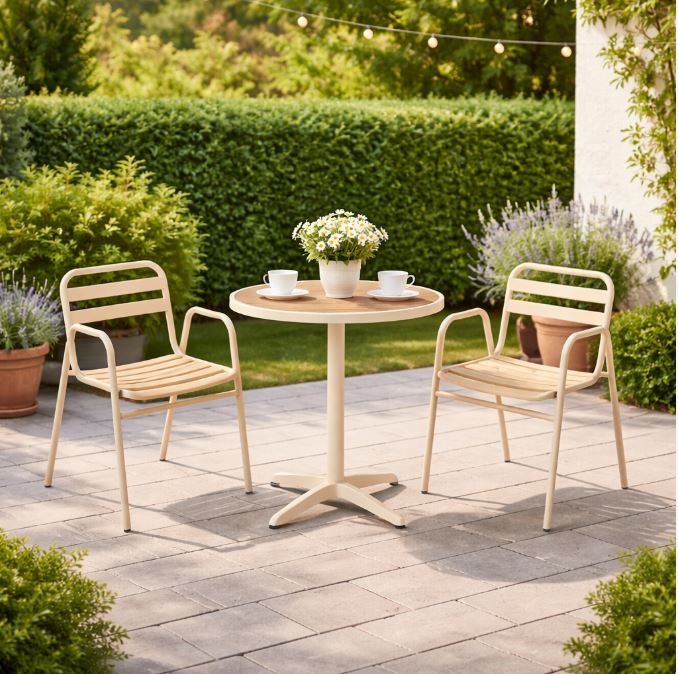KAMLOOPS outdoor 2 CHAIR & 1 TABLE, champagne frame, wood color top
