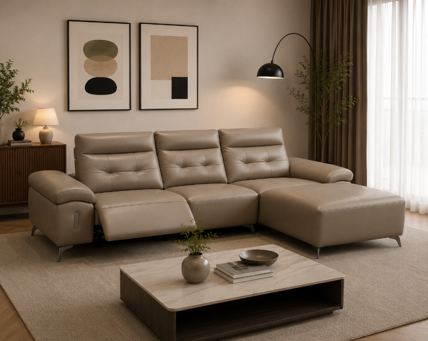 Tanashishi recliner 3 seater sofa, Left seat recliner+Right side ottoman, Light Taupe