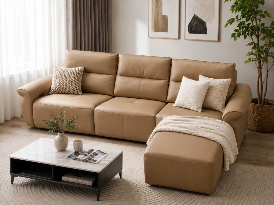 Riochivik Recliner sofa with Right side Recliner and Left side with ottoman, Light Brown (Floor Sample)