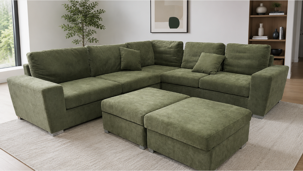 Riokalo Large L shape Sofa with 2 Ottomans ,Olive Green