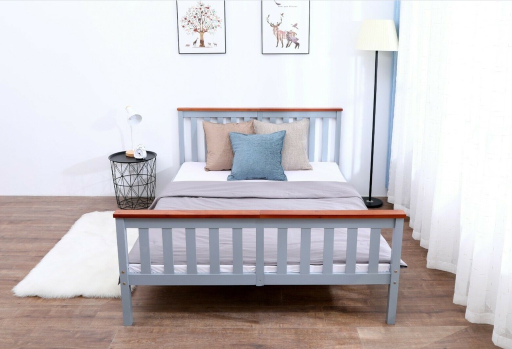Elbert Slat Queen Bed Grey-Oak Solid Pine Wood, Comforter? Solved by Idiya!