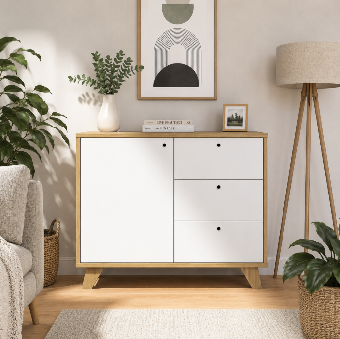 Luziania Modern Oak & White Storage Cabinet with Drawers