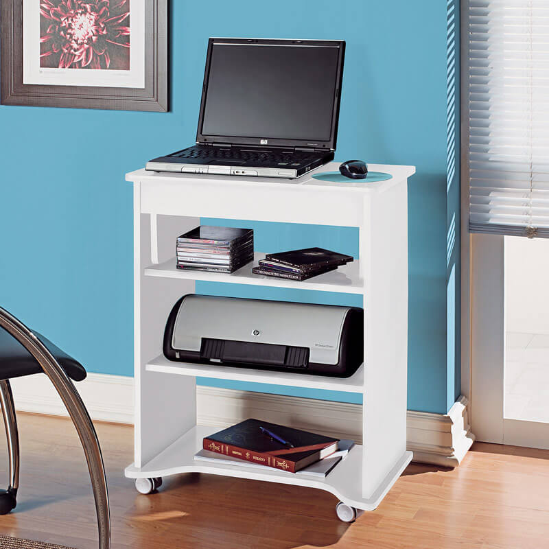 Imperatriz Mobile Desk White Computer Study Table with Storage Shelves & Wheels