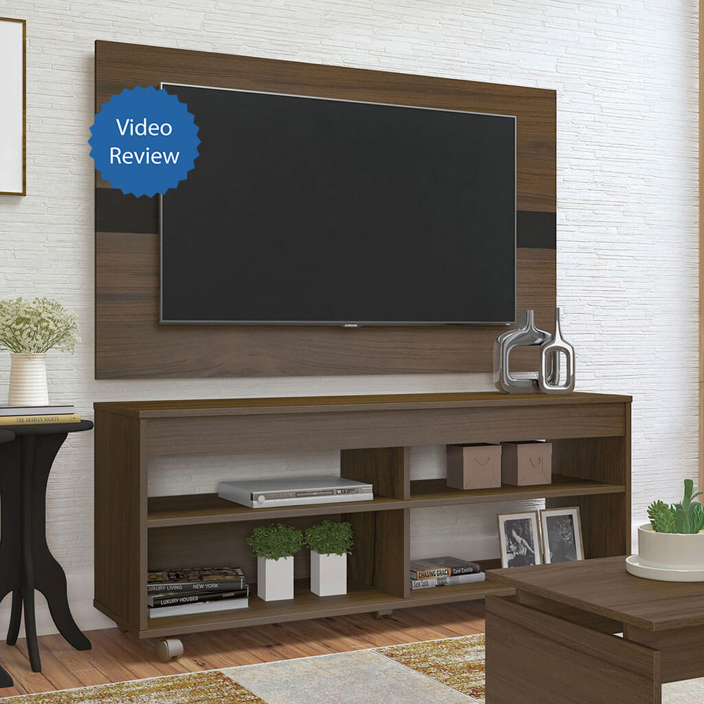Timon Tv Stand and Tv Wall Panel - Walnut/ Black, Modest space? Solved!